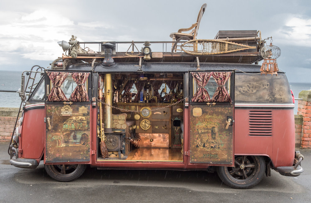 A colour shot of steampunk camper at Whitby Steampunk festival in July 2017